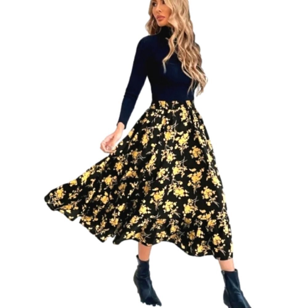 Ladies Boho Floral Print High Waist Skirt Size XL